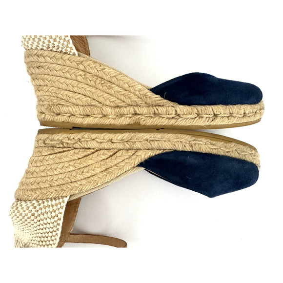 Kanna Espadrille Sandals 8 Blue Suede Peep-Toe Ankle Strap Jute Wedge Spain - Picture 13 of 15